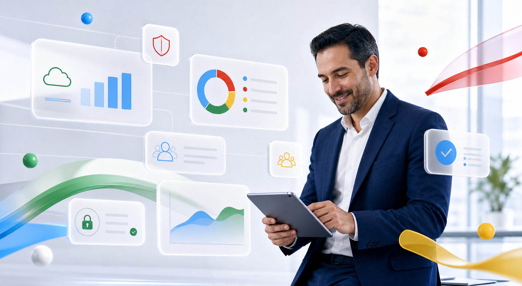 Profesional usando Microsoft 365 con paneles de productividad y seguridad